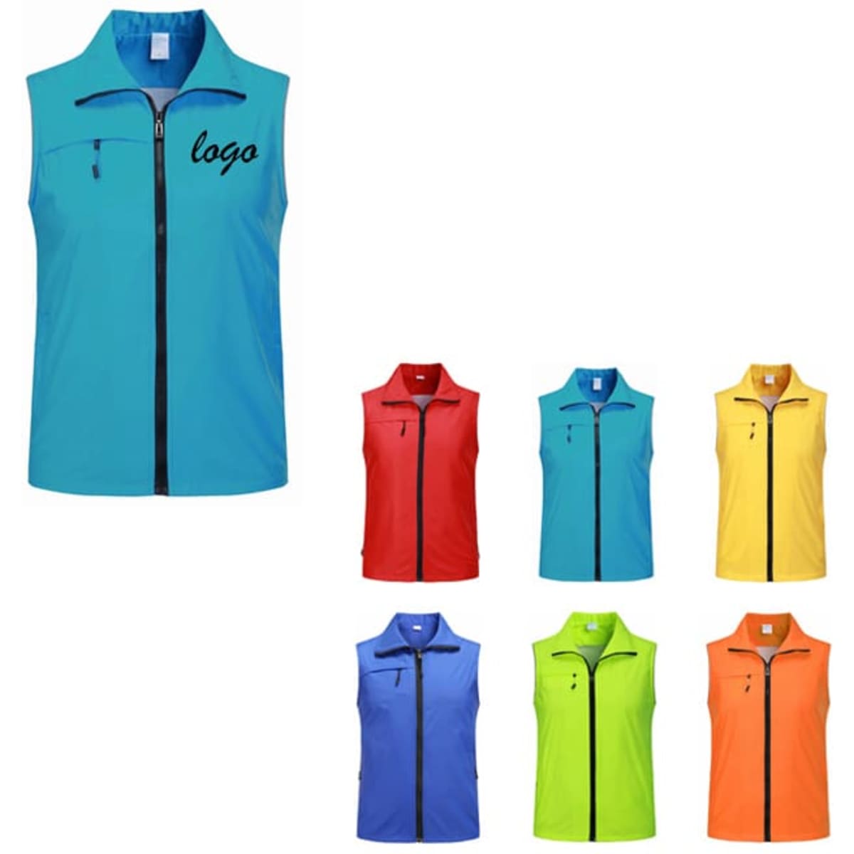 A collection of work vests in various colours: blue, red, yellow, green, orange. Each features a branding logo.