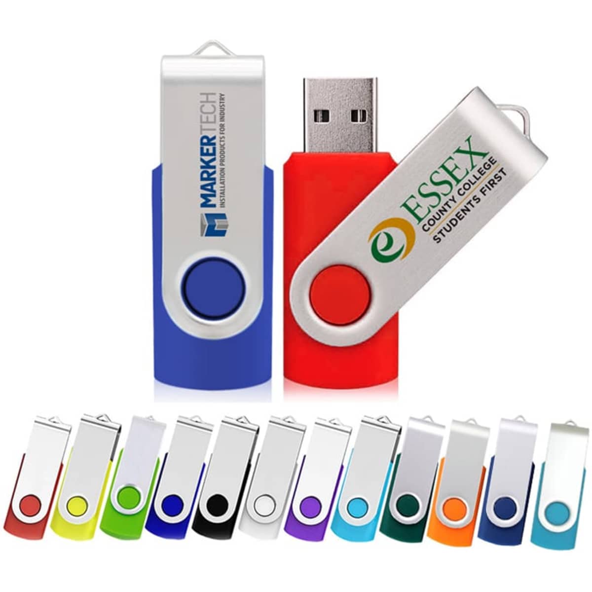 A collection of 2G swivel USB flash drives in various colours, including blue, red, and several other vibrant shades.