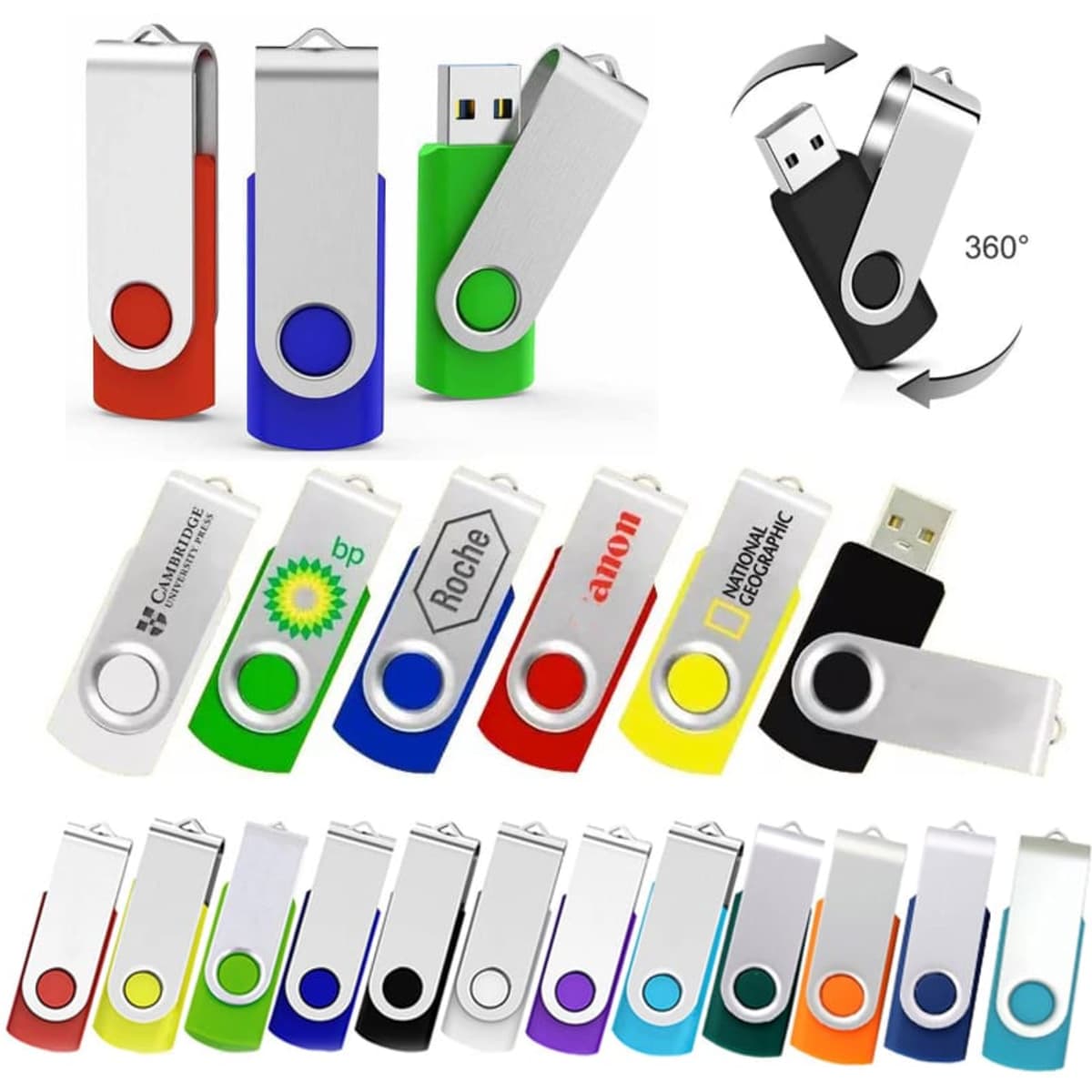 A collection of multi-coloured 4G swivel USB flash drives, featuring grey metallic accents and various branding options.