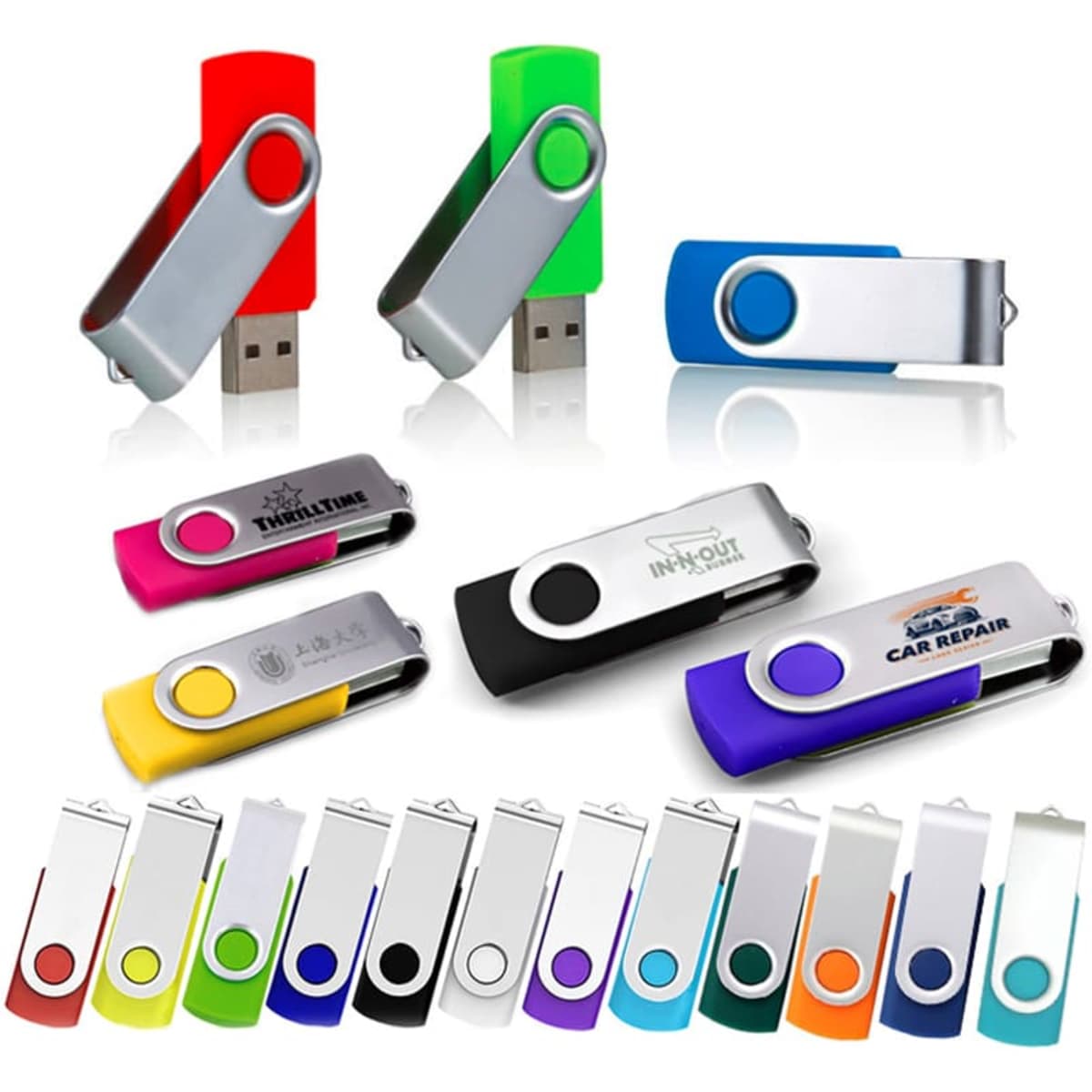 A collection of 8G swivel USB flash drives in various colours including red, green, yellow, blue, and black, featuring logos.