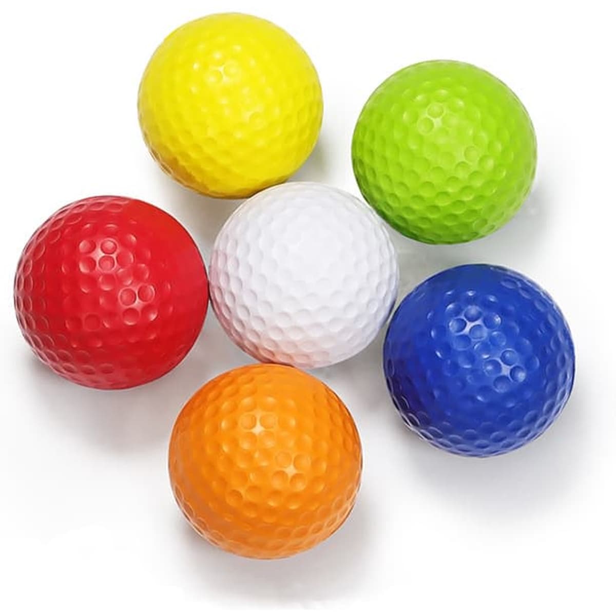 A collection of six colourful golf balls in red, yellow, green, white, blue, and orange, arranged in a cluster.