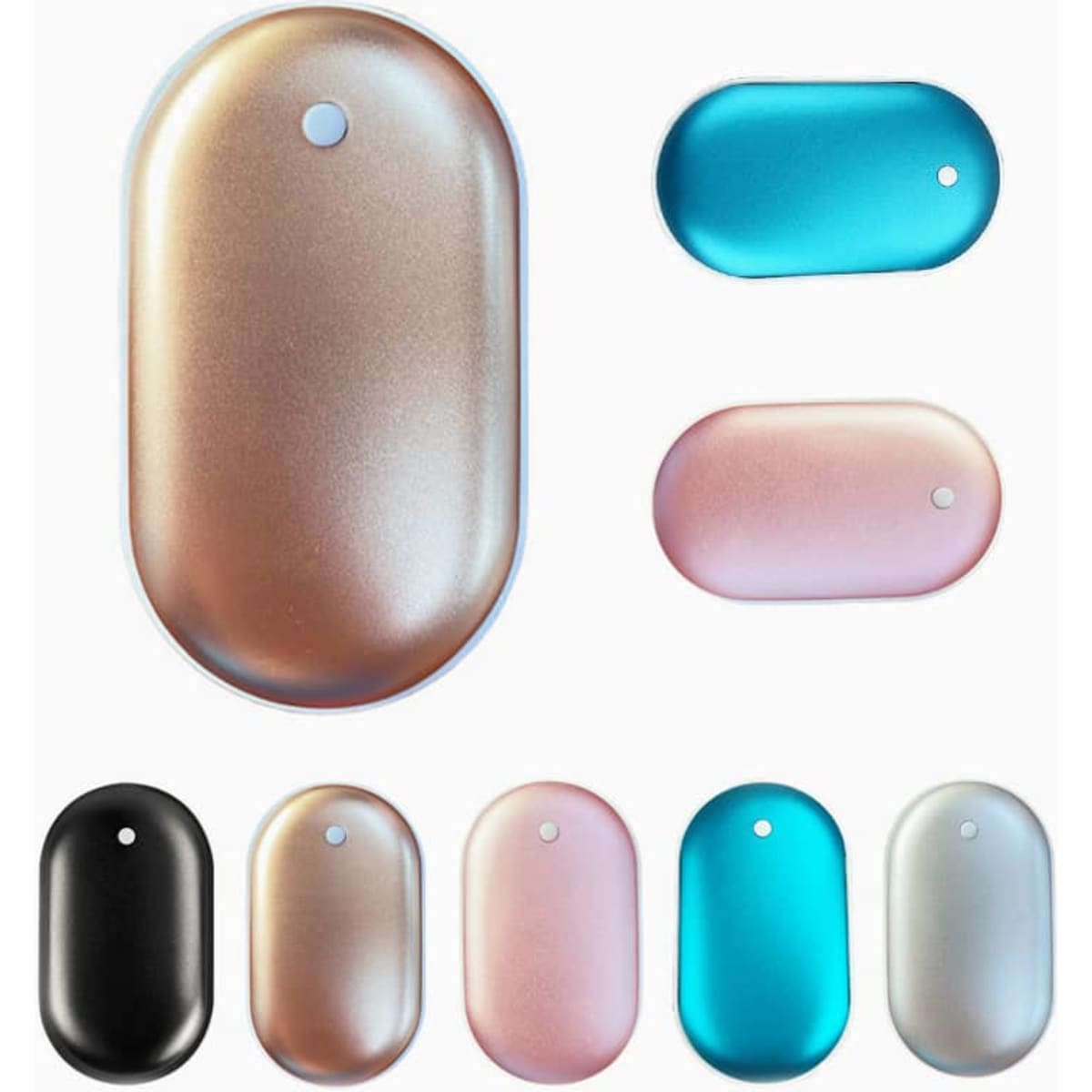 A collection of portable USB hand warmers in various colours, including gold, pink, black, silver, and turquoise.