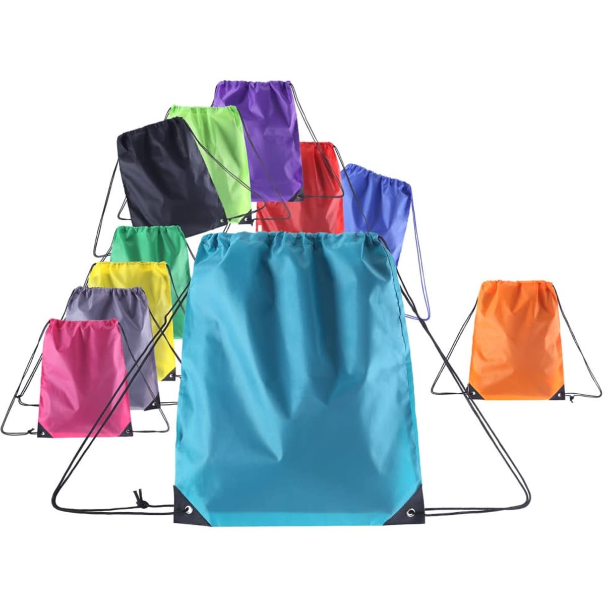 A collection of drawstring backpacks in various colours including turquoise, purple, orange, and grey, with black accents.