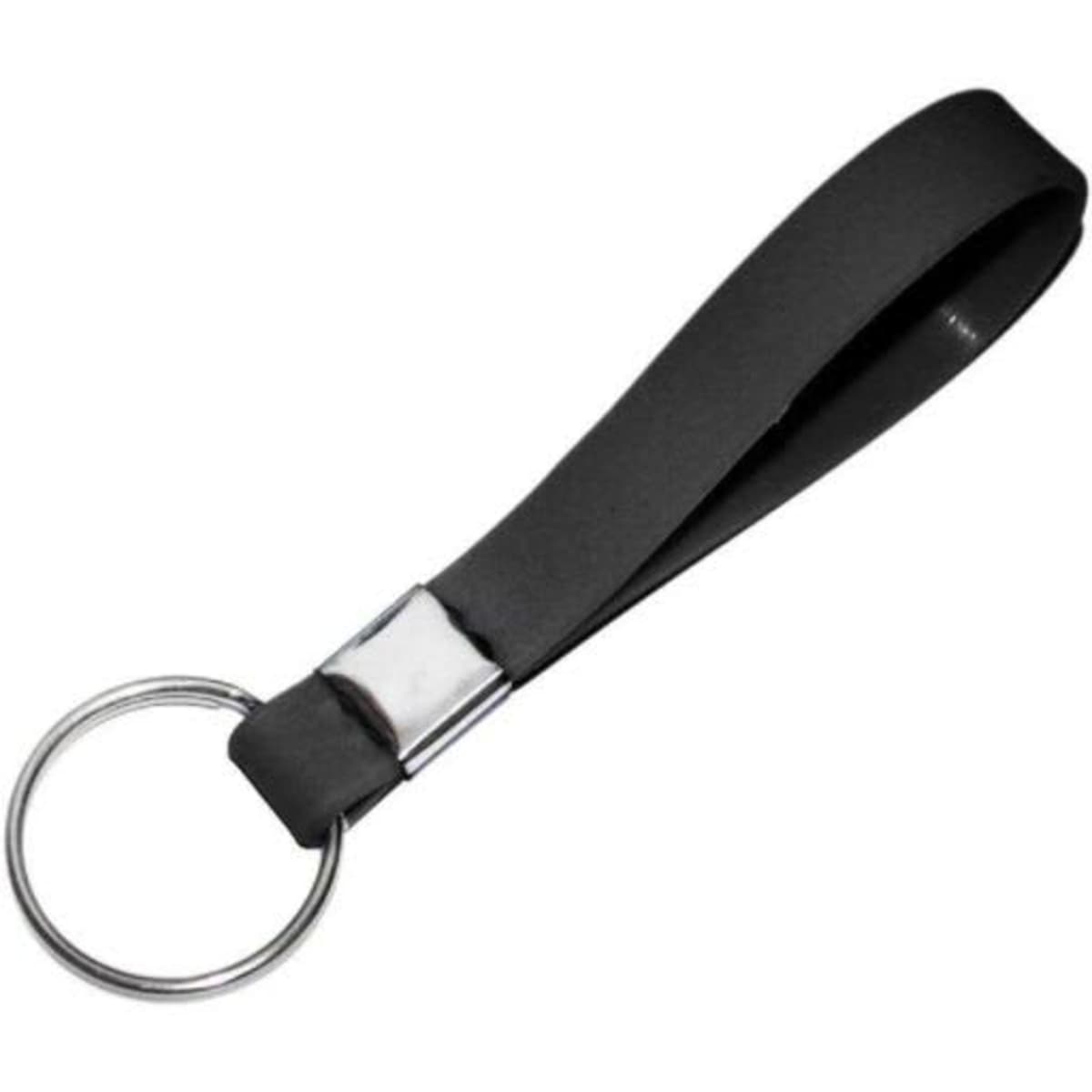 A black silicone wristband keychain with a metal attachment ring. It has a sleek, simple design.