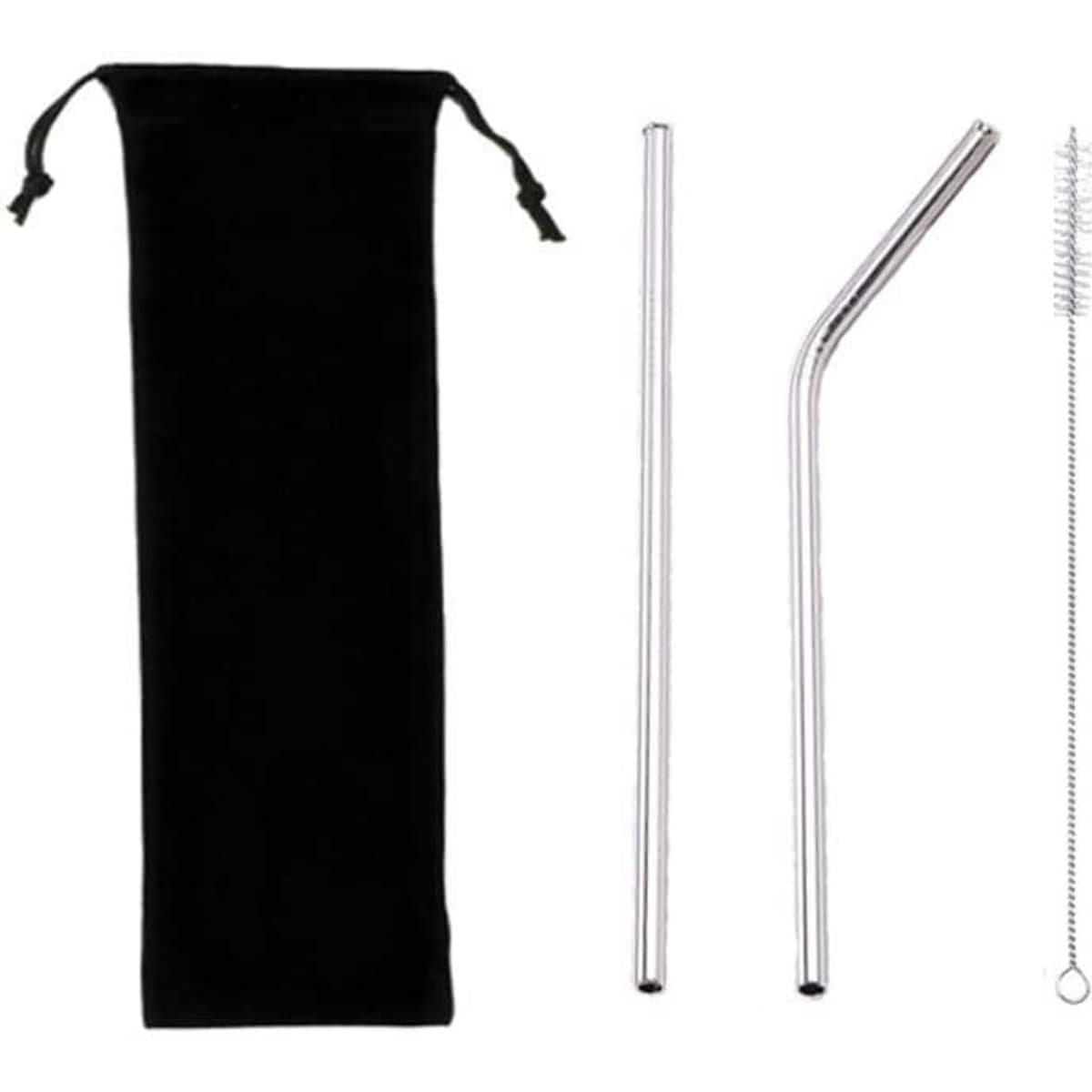 A black pouch containing two stainless steel drinking straws and a cleaning brush.