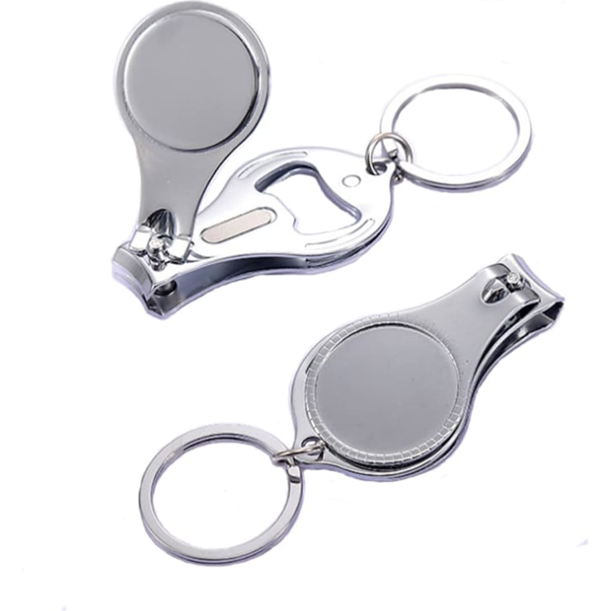A shiny silver nail clipper with a bottle opener and a key ring attachment. It has a sleek, compact design.