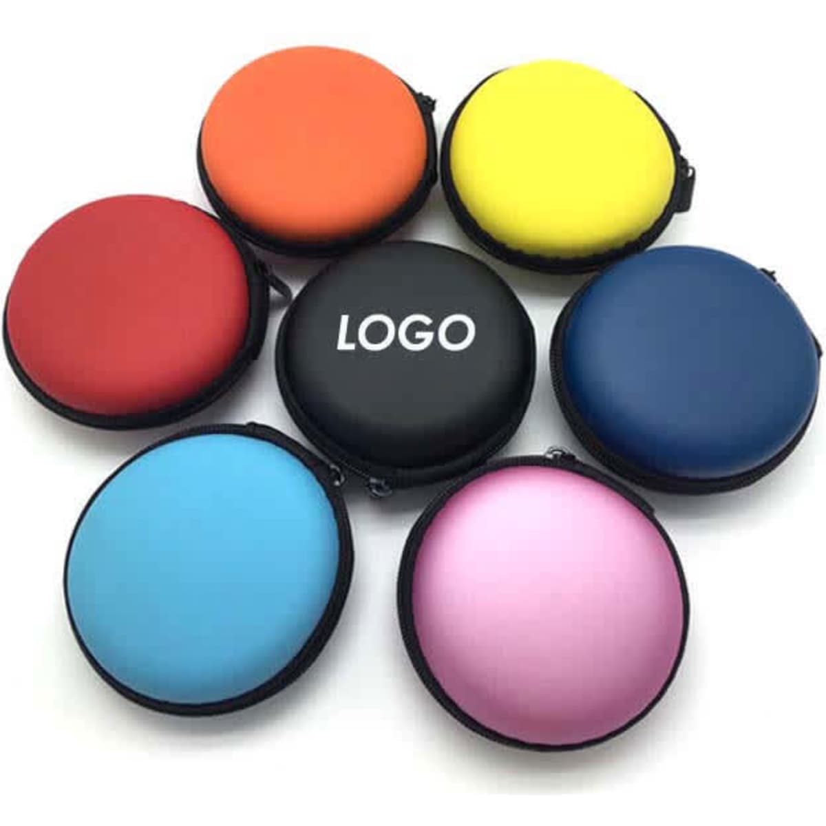 A set of portable earphone cases in various colours including red, orange, yellow, green, blue, and pink, with a logo on one.