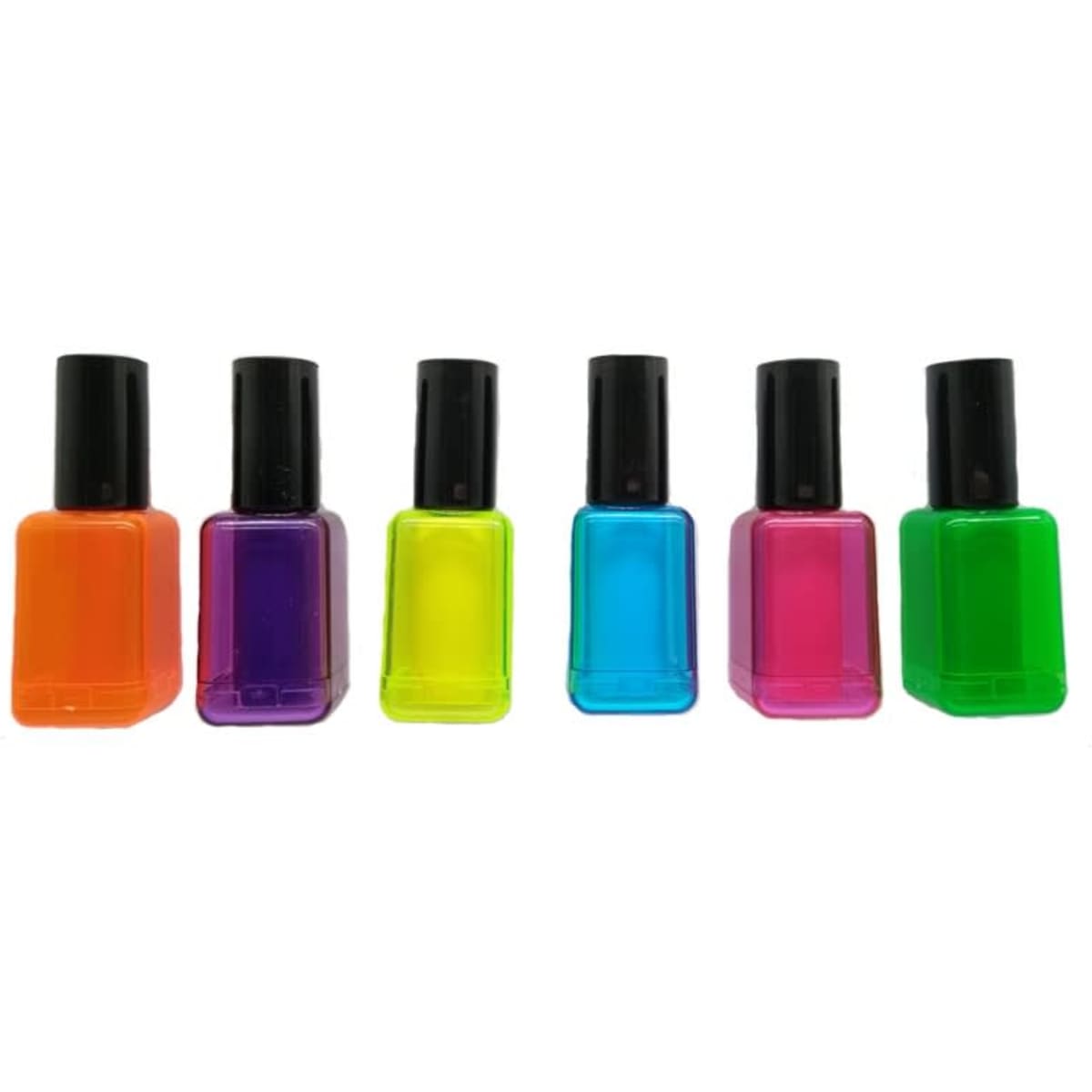 A collection of six nail polish highlighters in vibrant shades: orange, purple, yellow, blue, pink, and green. Each has a black cap.
