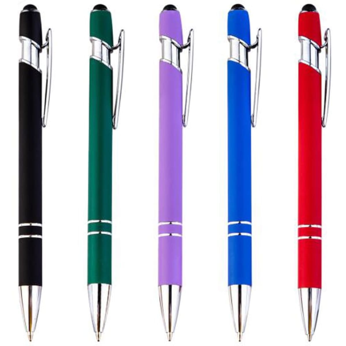 A set of five stylus pens in black, green, purple, blue, and red, featuring a silver clip and accents.