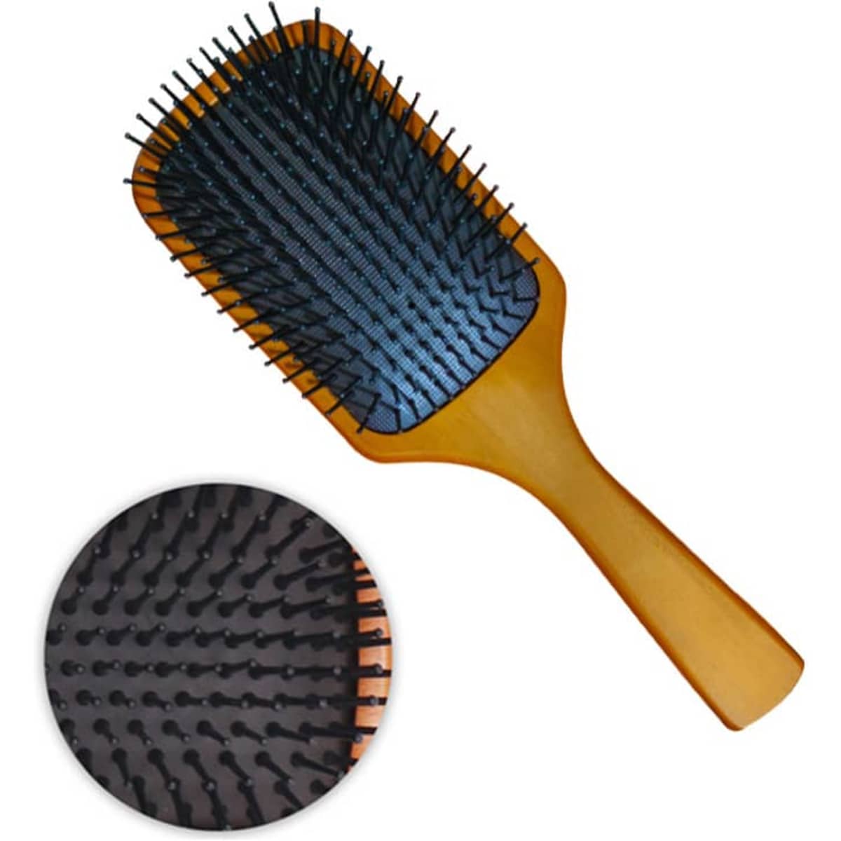 A bamboo hairbrush with a rectangular shape, featuring black air cushion bristles and a wooden handle.