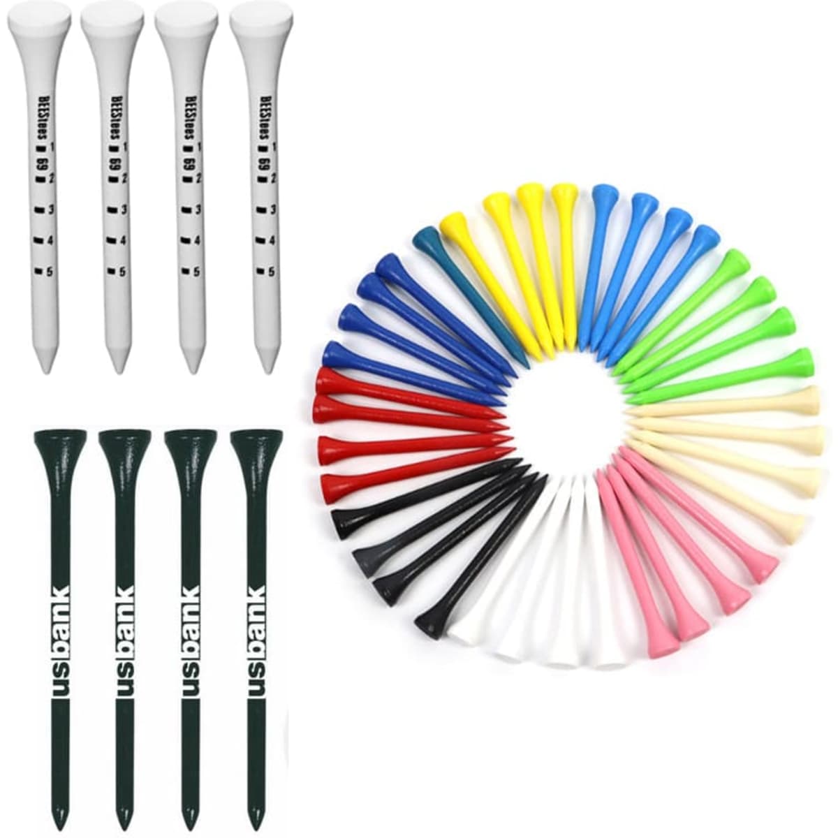 A collection of wooden golf tees in various colours, including white, red, blue, yellow, and green, arranged in a circle.