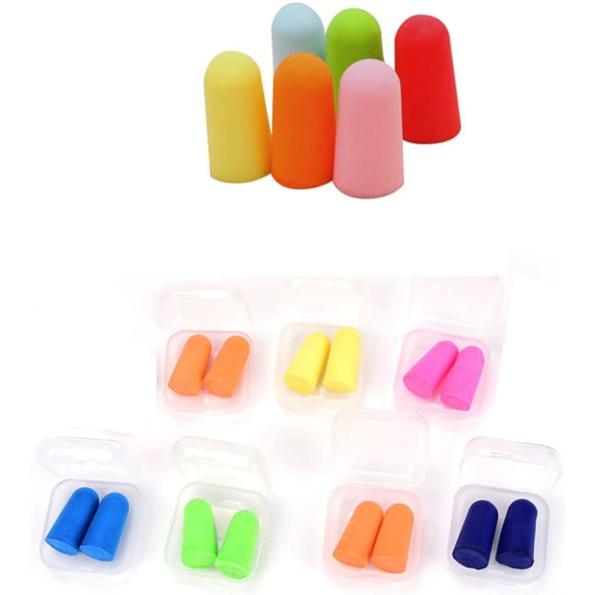 Five pairs of foam ear plugs in various colours, including pink, orange, blue, green, and red, displayed in clear cases.