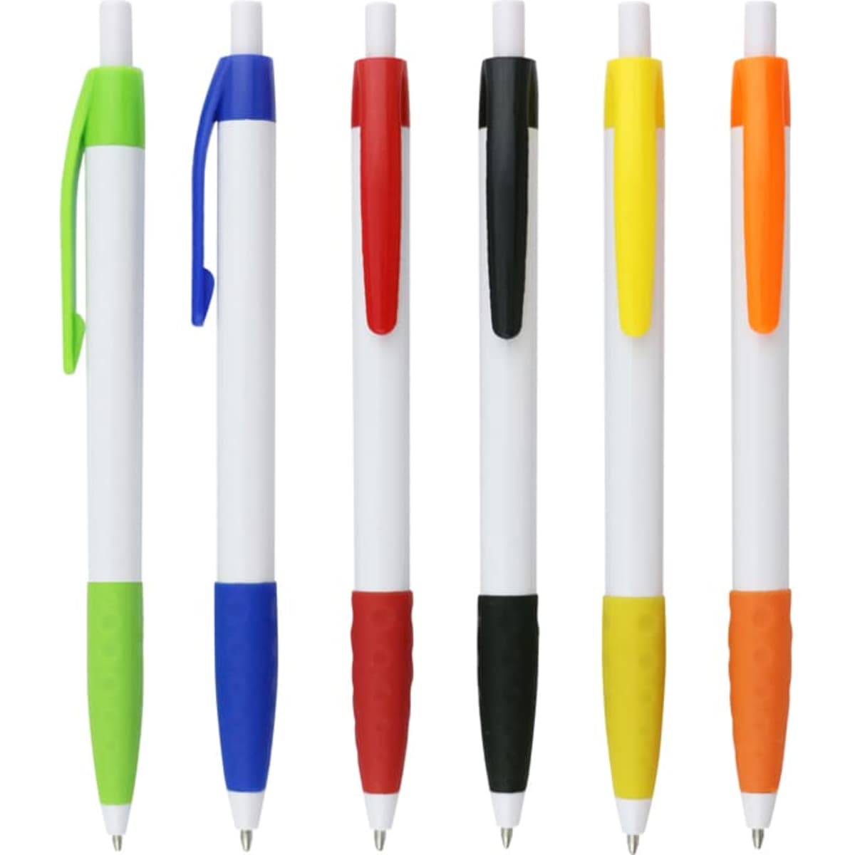 A collection of six retractable ballpoint pens in green, blue, red, black, yellow, and orange with white barrels and grips.