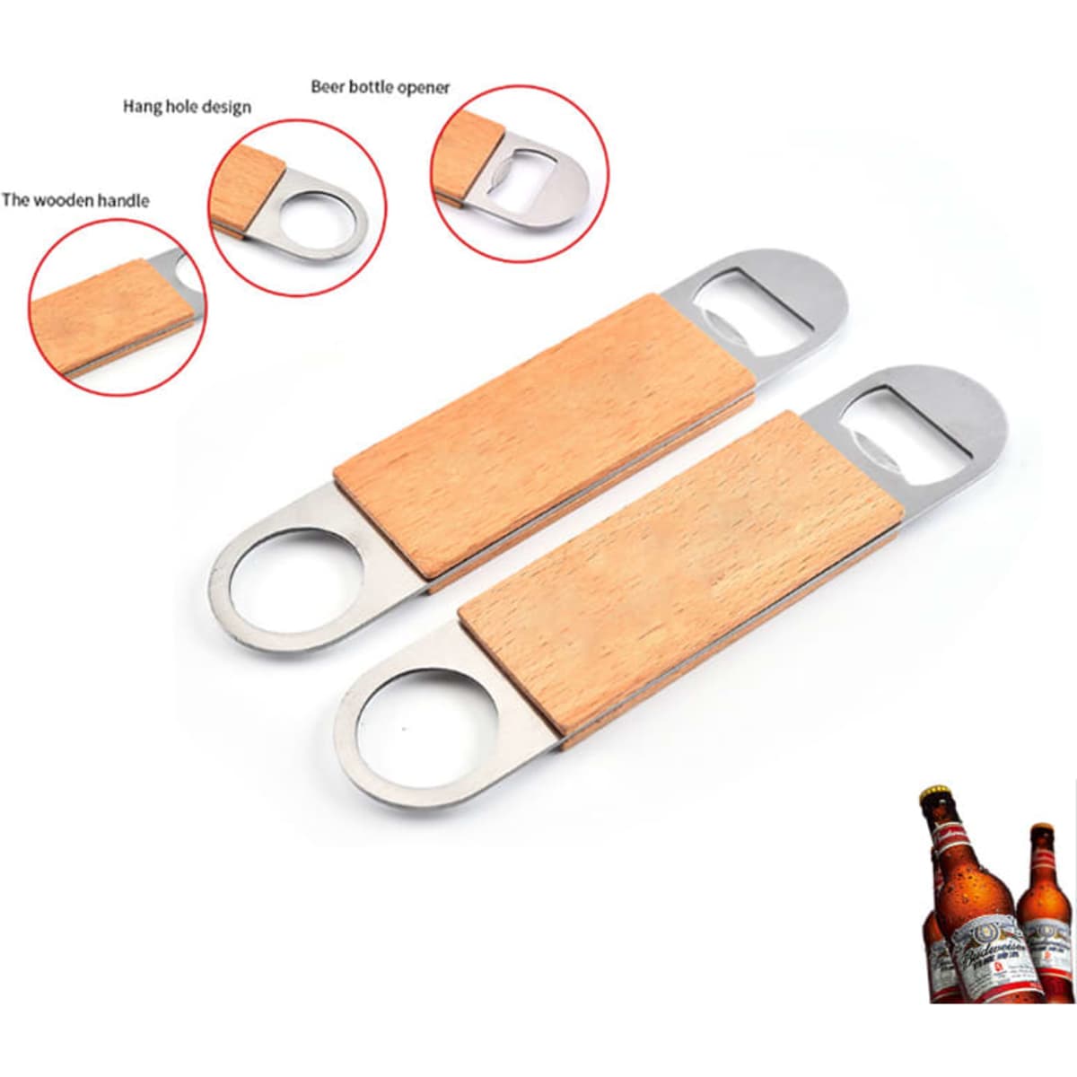 A drink bottle opener featuring a wooden handle and stainless steel ends, with a design for easy hanging.