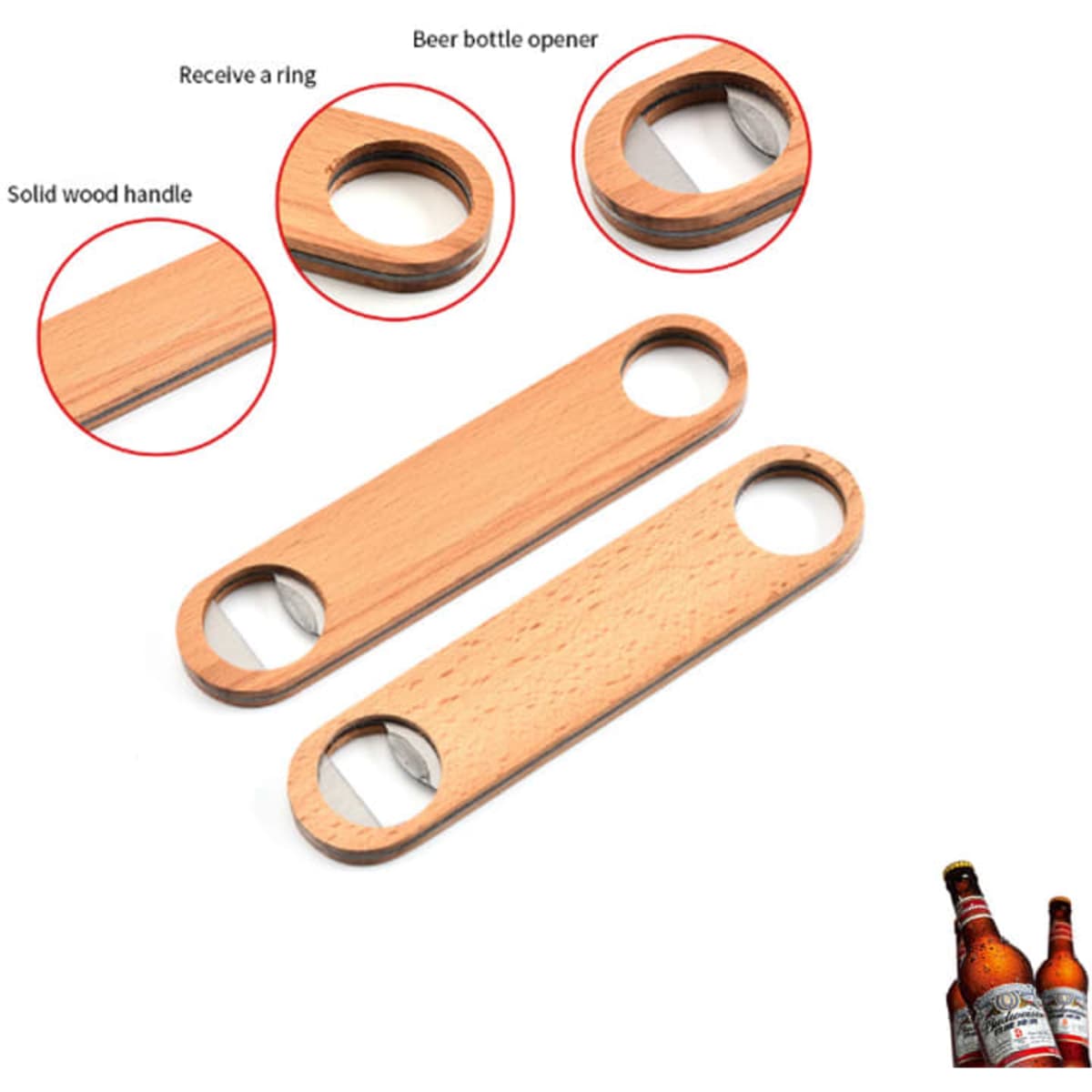 A drink bottle opener made of solid wood with a natural finish and a built-in magnet, featuring a logo.