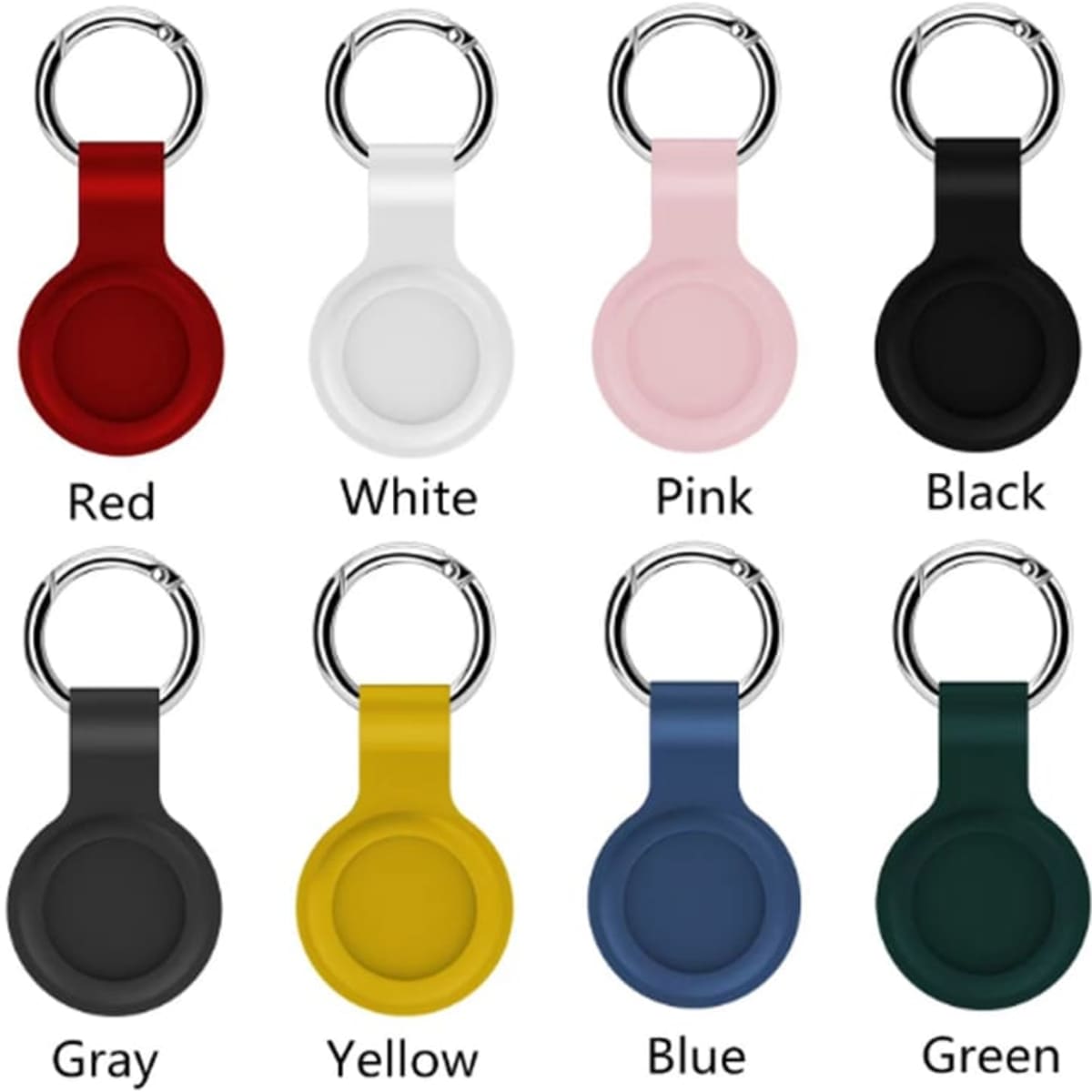 A collection of silicone AirTag cases in red, white, pink, black, grey, yellow, blue, and green, each with a keychain.