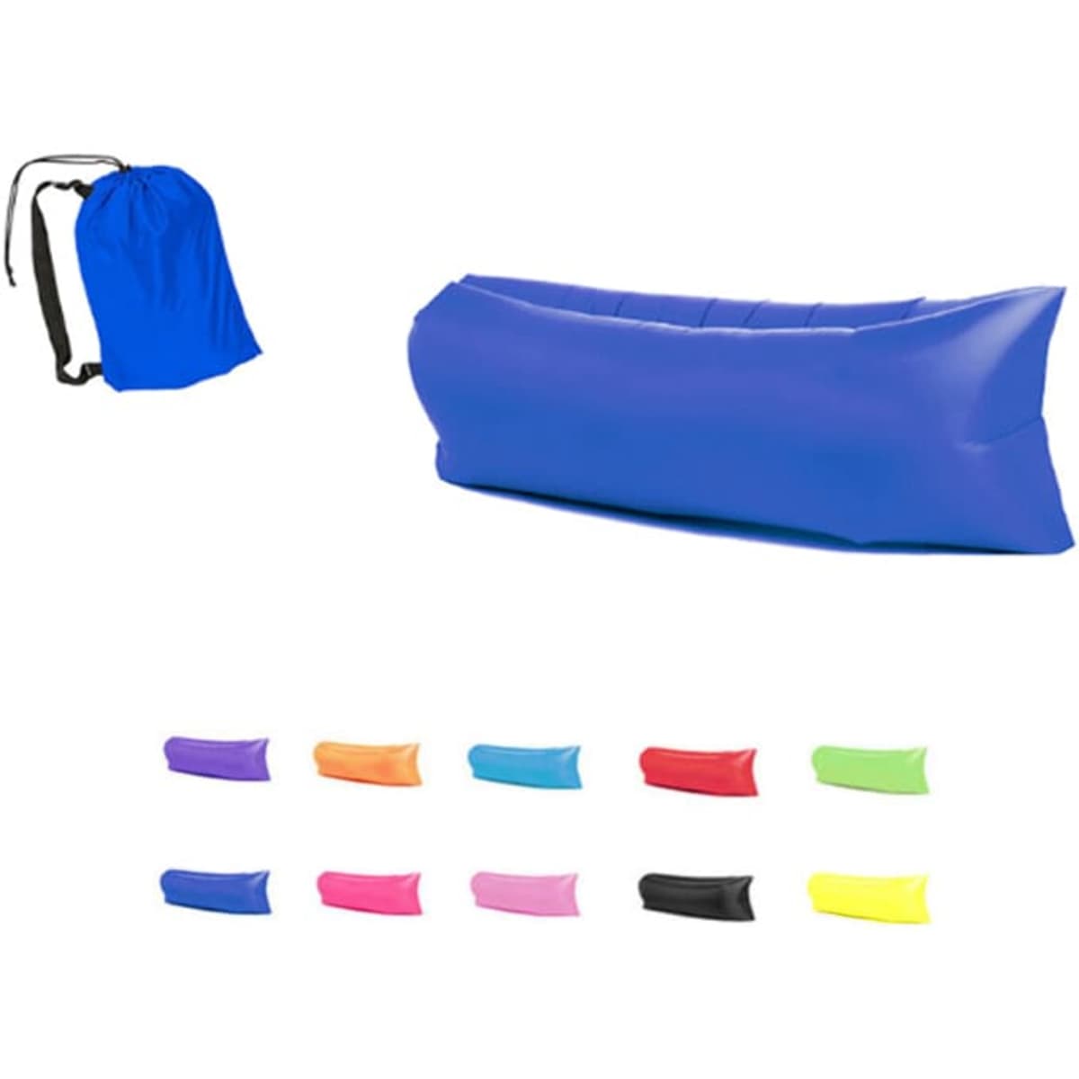 A blue inflatable air lounger sofa with a matching carry bag, alongside various other coloured options.
