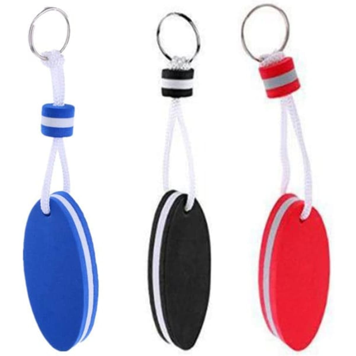 An oval floating key ring set in blue, black, and red with white accents and attached to a silver keyring.