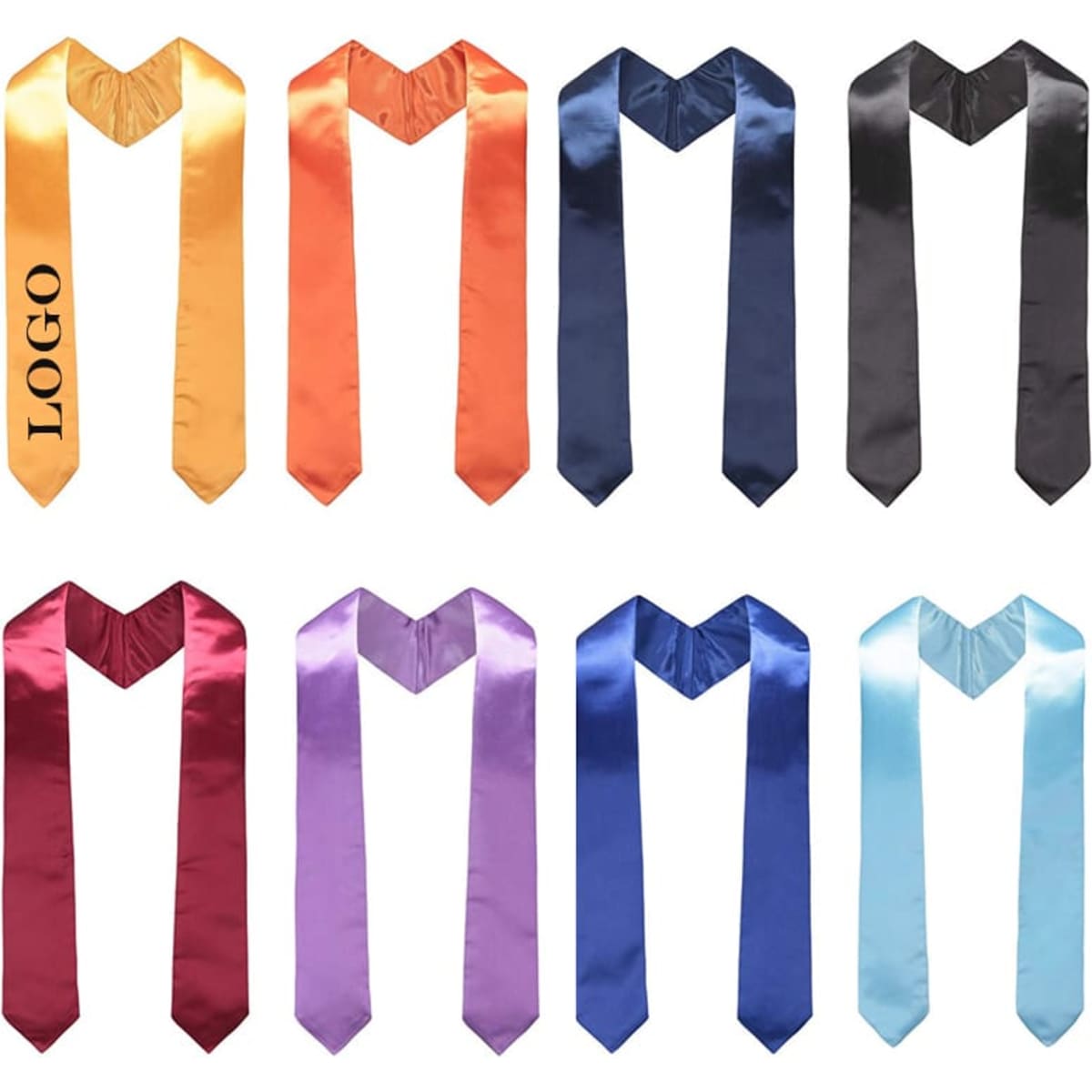 A collection of satin graduation honour stoles in various colours including orange, black, maroon, purple, and blue.