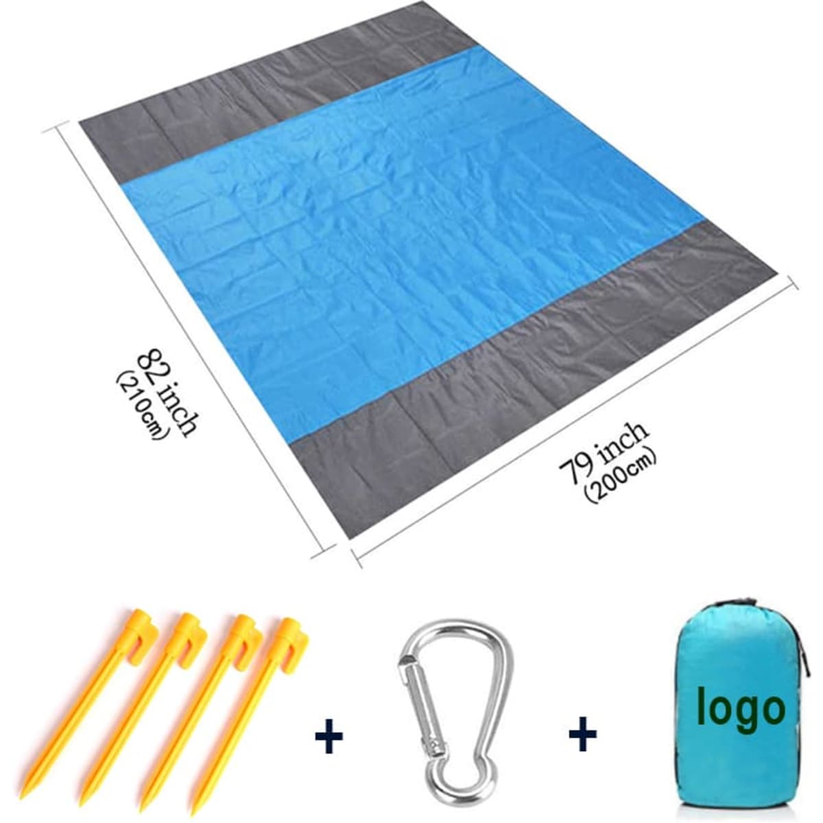 A large beach mat in blue and grey, with yellow pegs, a carabiner, and a storage bag featuring a logo.