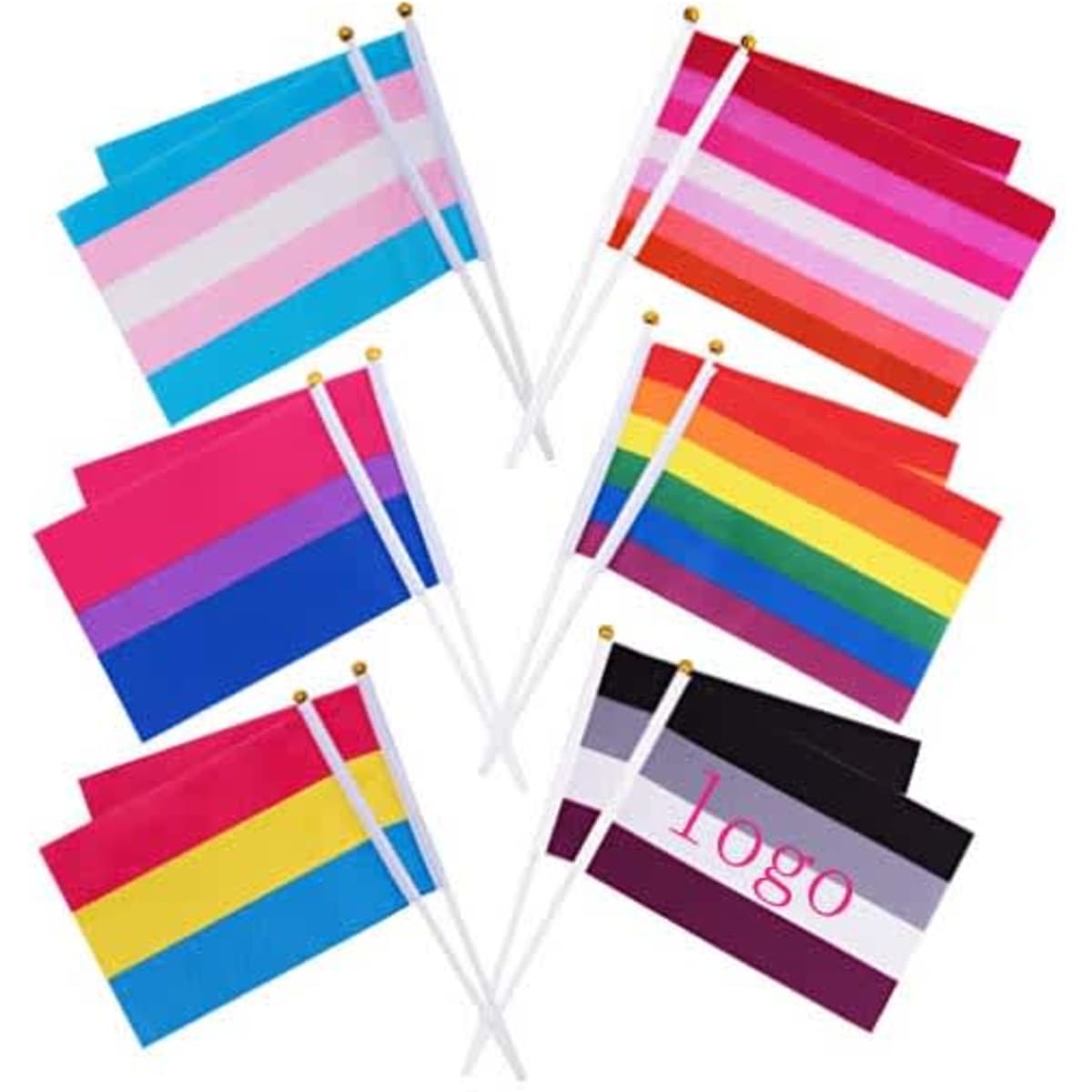 A collection of mini flags representing diverse pride colours, including pink, blue, yellow, and rainbow patterns, on white poles.