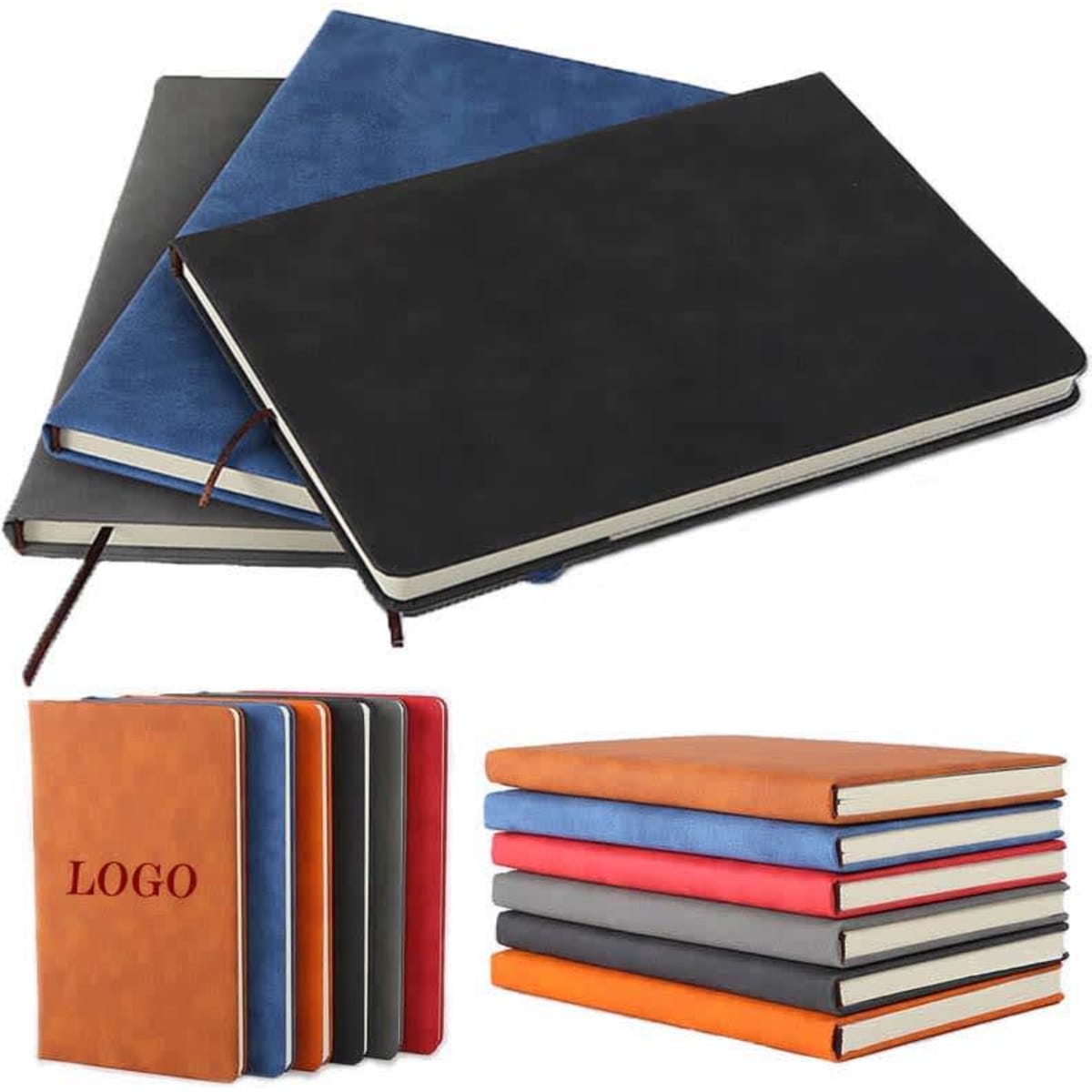 A5 PU leather cover notebooks in various colours including black, blue, orange, and grey. Features a logo.