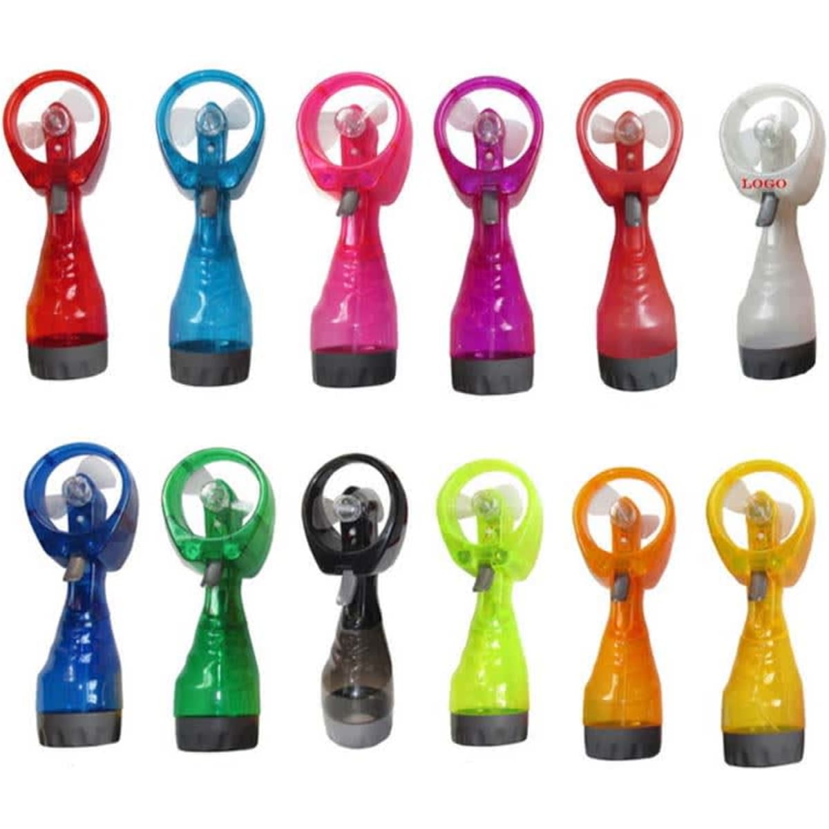 A multi-coloured set of water mist spray bottle fans, featuring various vibrant hues and equipped with a logo.