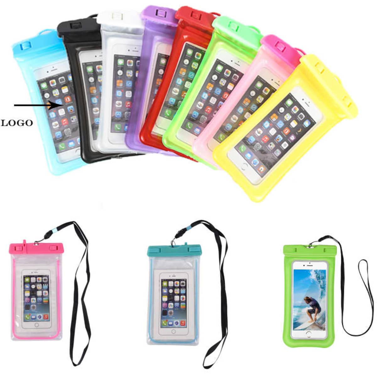 A range of waterproof cases in various colours, featuring a logo, designed to hold smartphones securely.