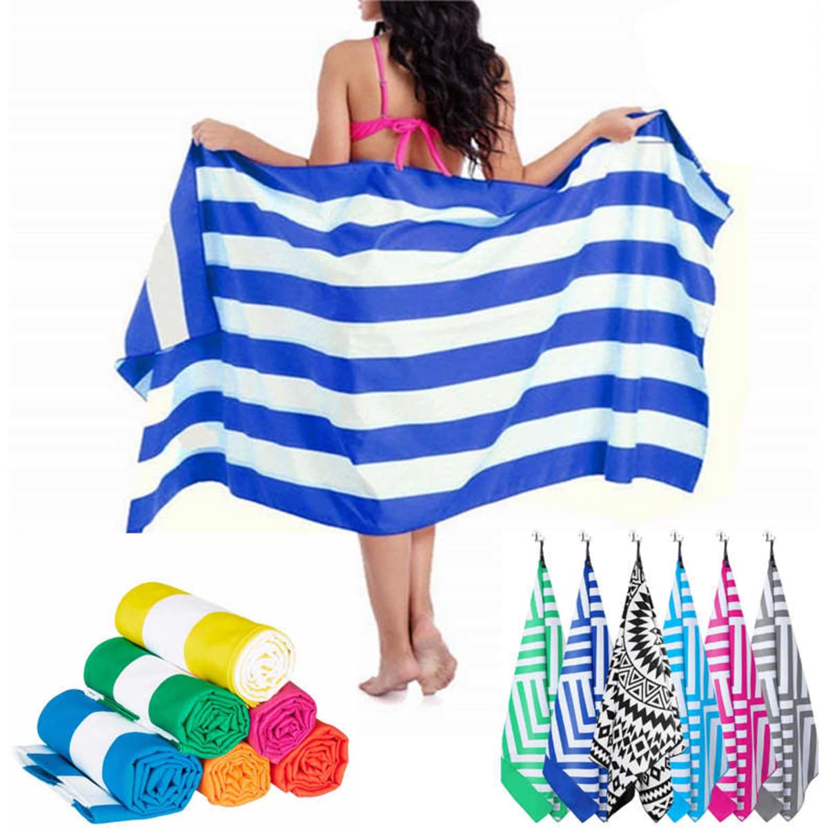 Microfiber beach towels in various colours, including blue and white stripes, neatly rolled and displayed. Features a logo.