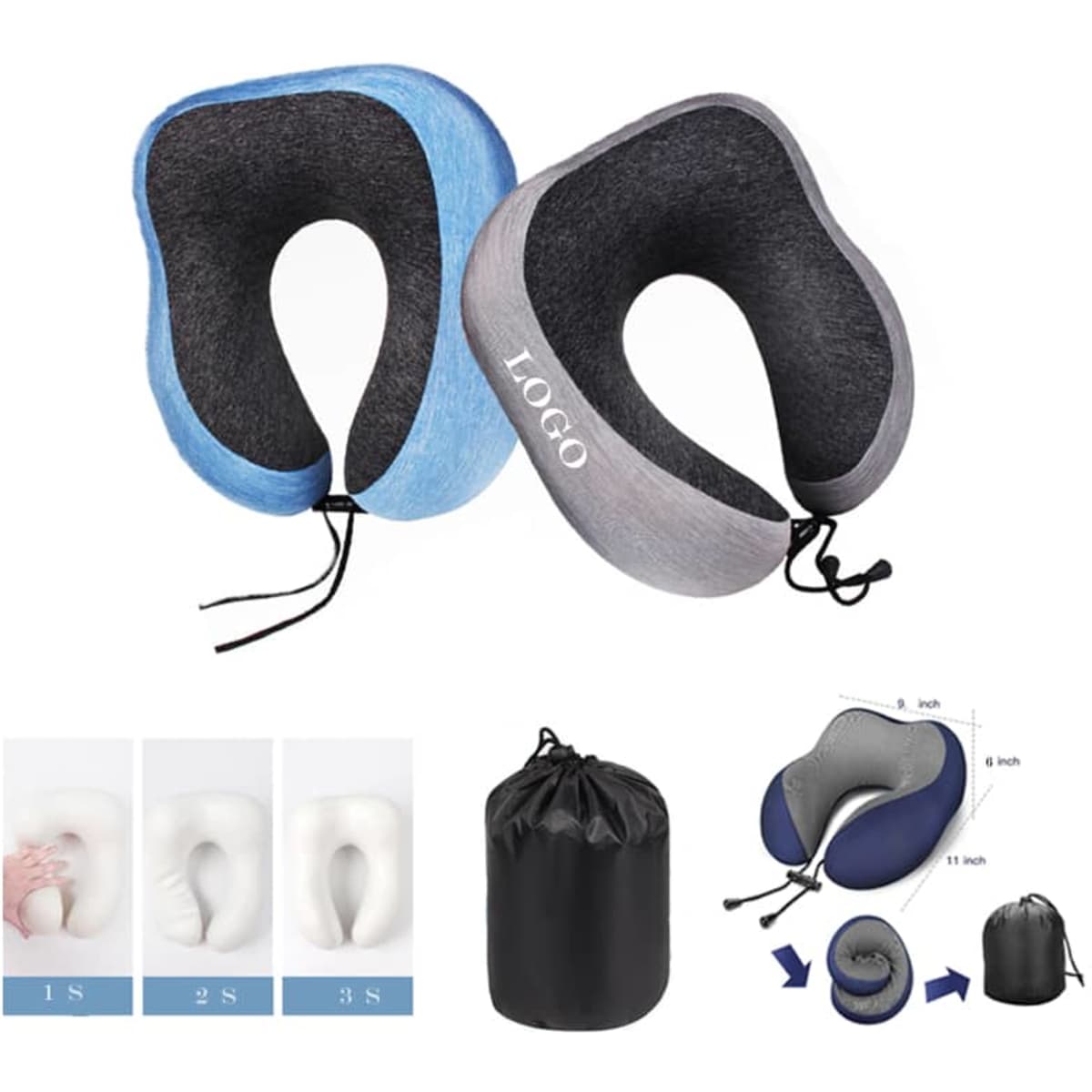 A portable U-shape memory foam pillow in blue and grey, featuring a drawstring and a black storage bag.