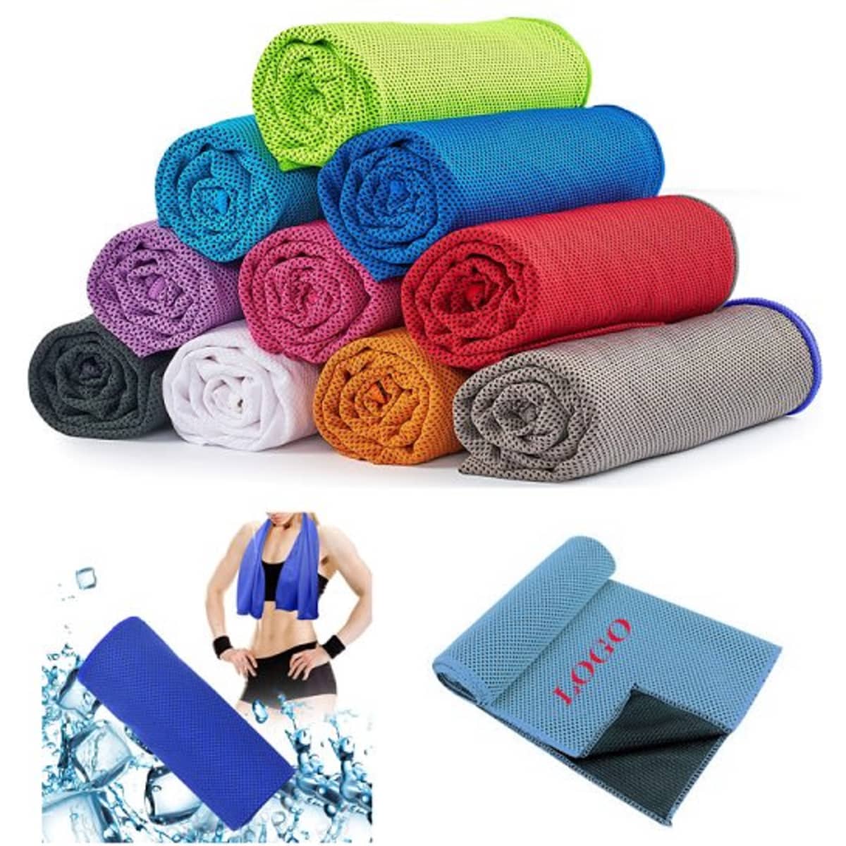 A stack of various coloured cooling towels rolled and arranged neatly, featuring a logo on one towel.