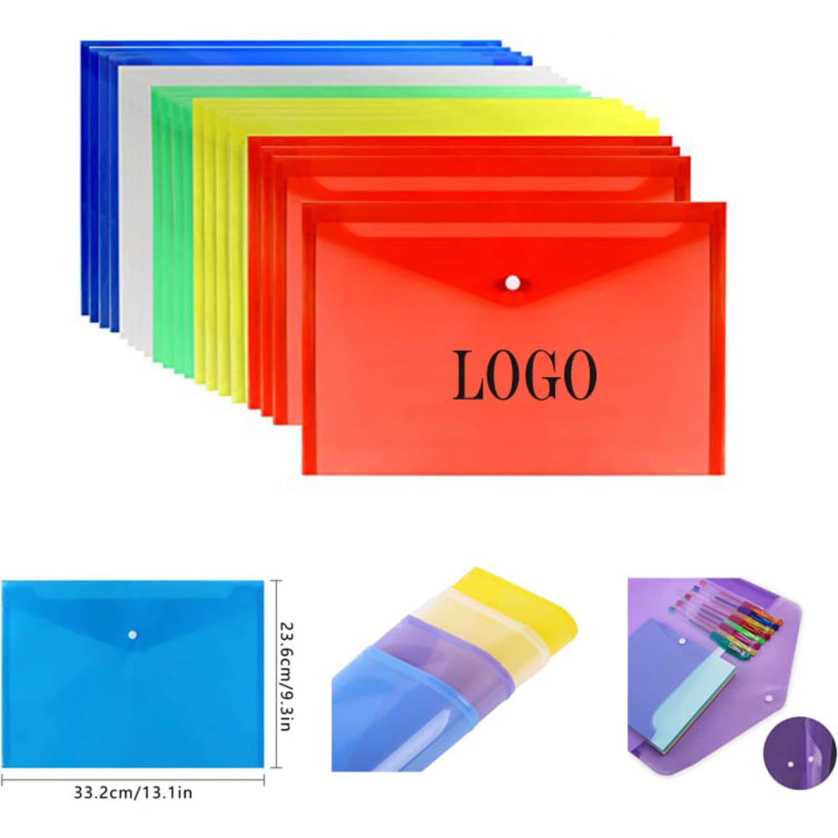 A set of letter size document folders in red, green, yellow, blue, and transparent colours, featuring a logo.