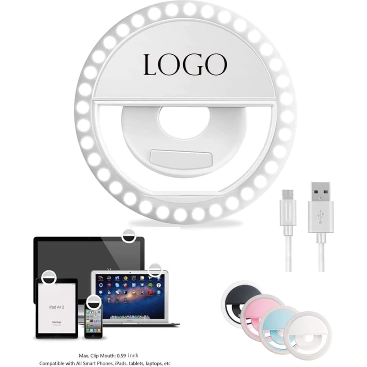 A white rechargeable selfie ring light with a USB cable, and three coloured clips: black, pink, and blue.