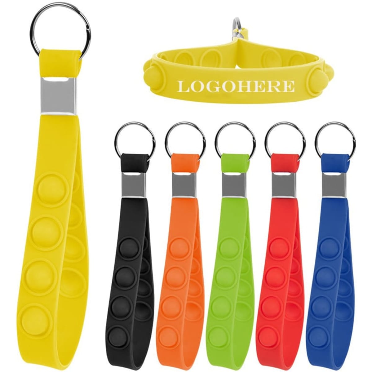 A collection of colourful silicone keychain wristbands in yellow, black, red, orange, green, and blue, each with a logo.