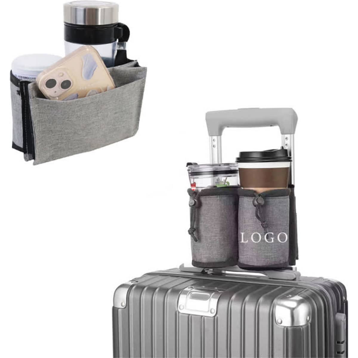 A drink bag in grey fabric attaches to luggage, holding two cups and a phone case, featuring a logo.