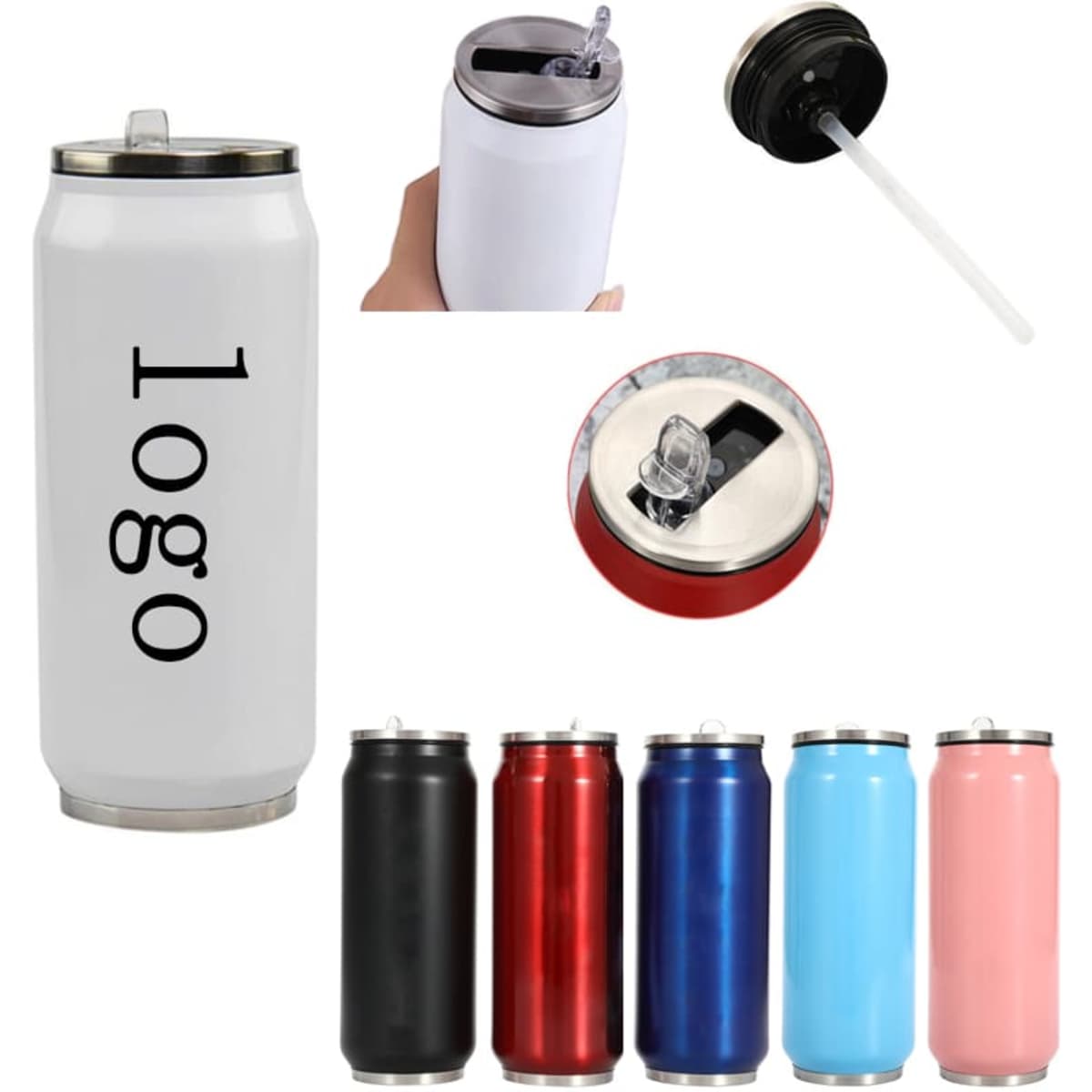 A drink bottle featuring a stainless steel can tumbler design in white, with a clear straw and a lid, alongside colour variations.