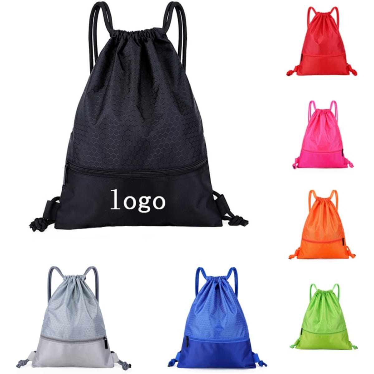 A collection of nylon waterproof drawstring backpacks in various colours: black, pink, orange, blue, green, and grey. Each has a logo.