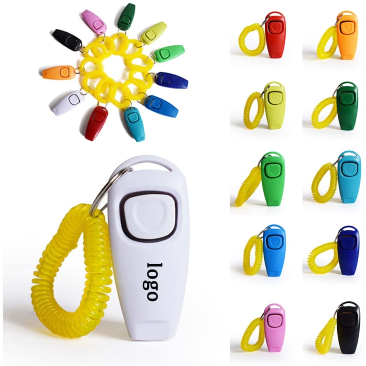 A collection of multi-coloured pet training clickers with a yellow coil wrist strap and a circular attachment.