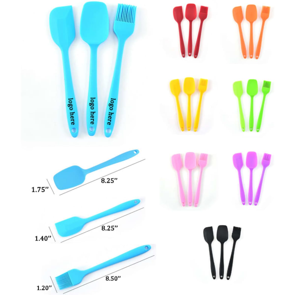 A silicone baking set featuring spatulas and brushes in various colours, including blue, red, orange, green, and black.
