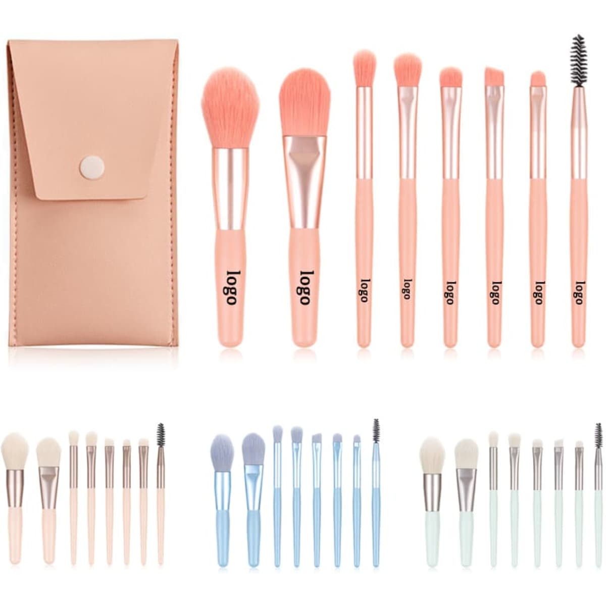 An 8-piece makeup brush set in pastel pink and blue, featuring a storage case and various brush designs.