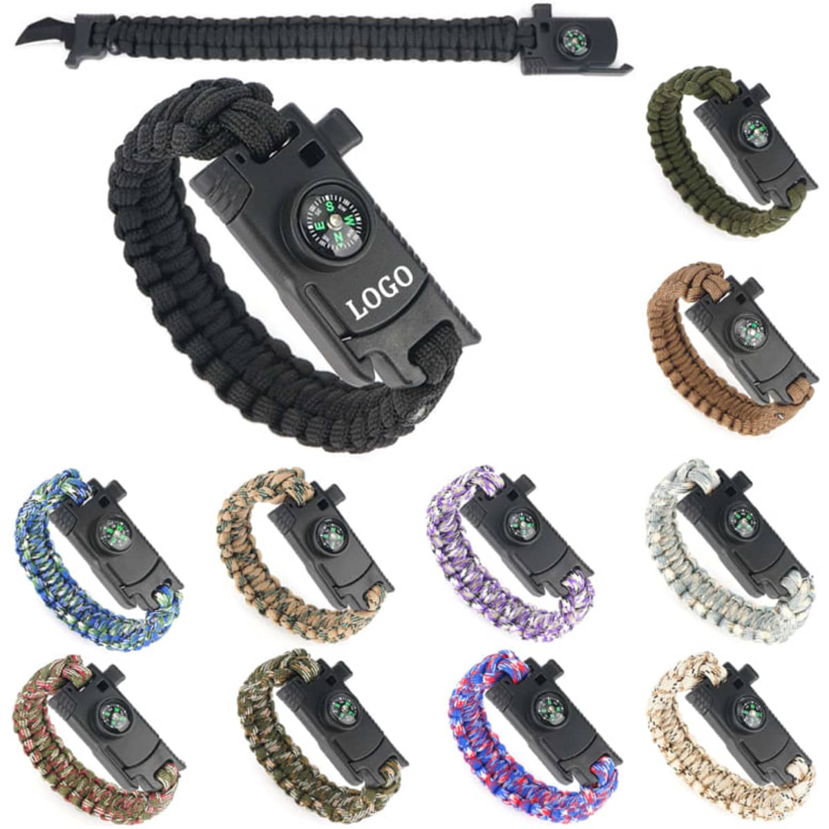 A selection of survival paracord bracelets in various colours, featuring a compass and a logo on the buckle.