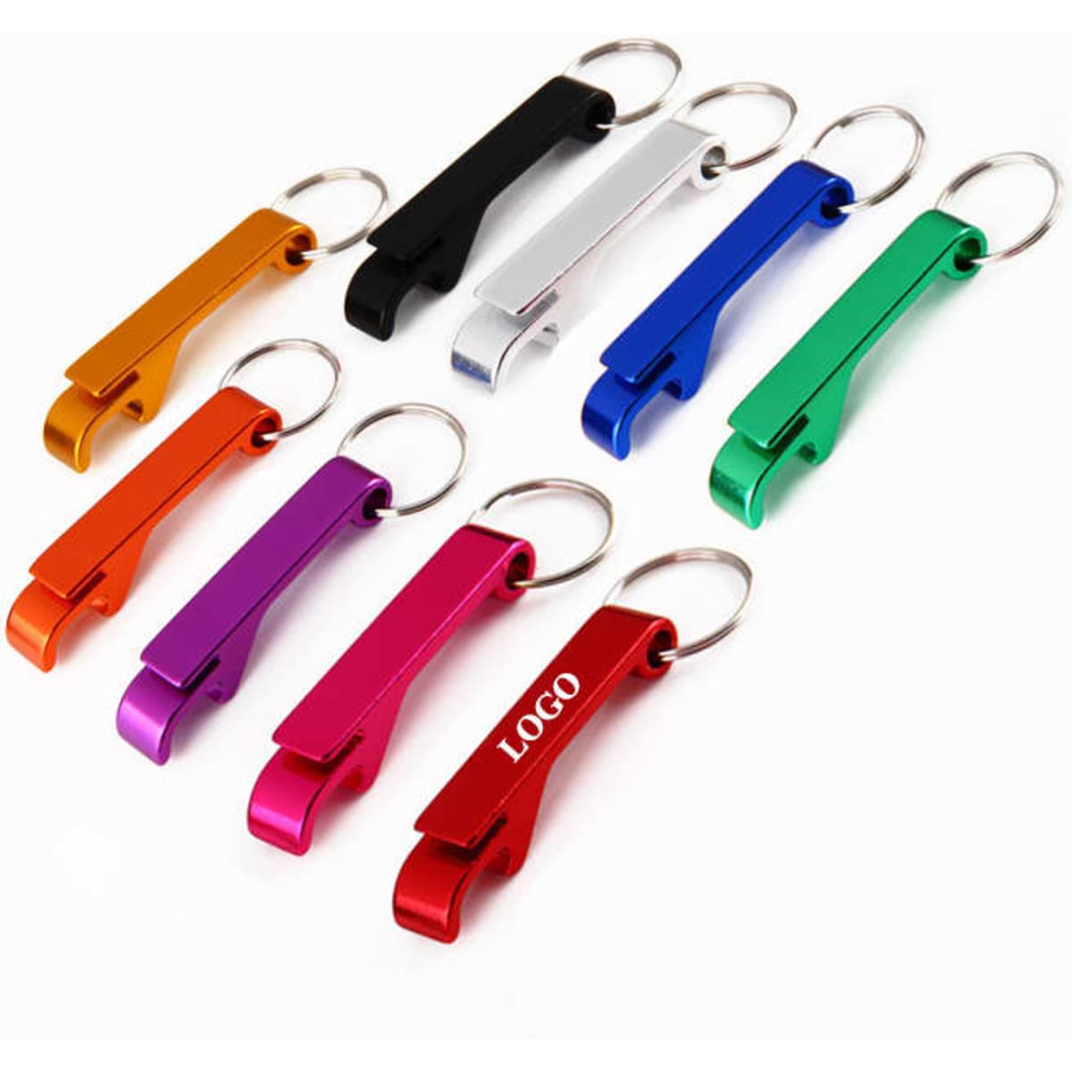 A collection of Aluminium bottle and can opener keychains in various colours, featuring a keyring and a logo.