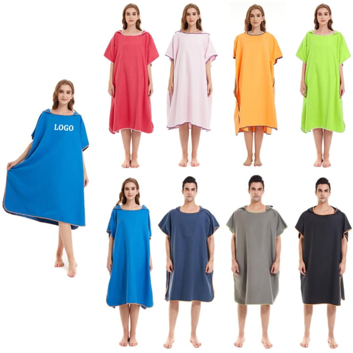 Microfiber hooded beach changing ponchos in various colours: blue, pink, orange, green, navy, grey, and black, featuring logos.