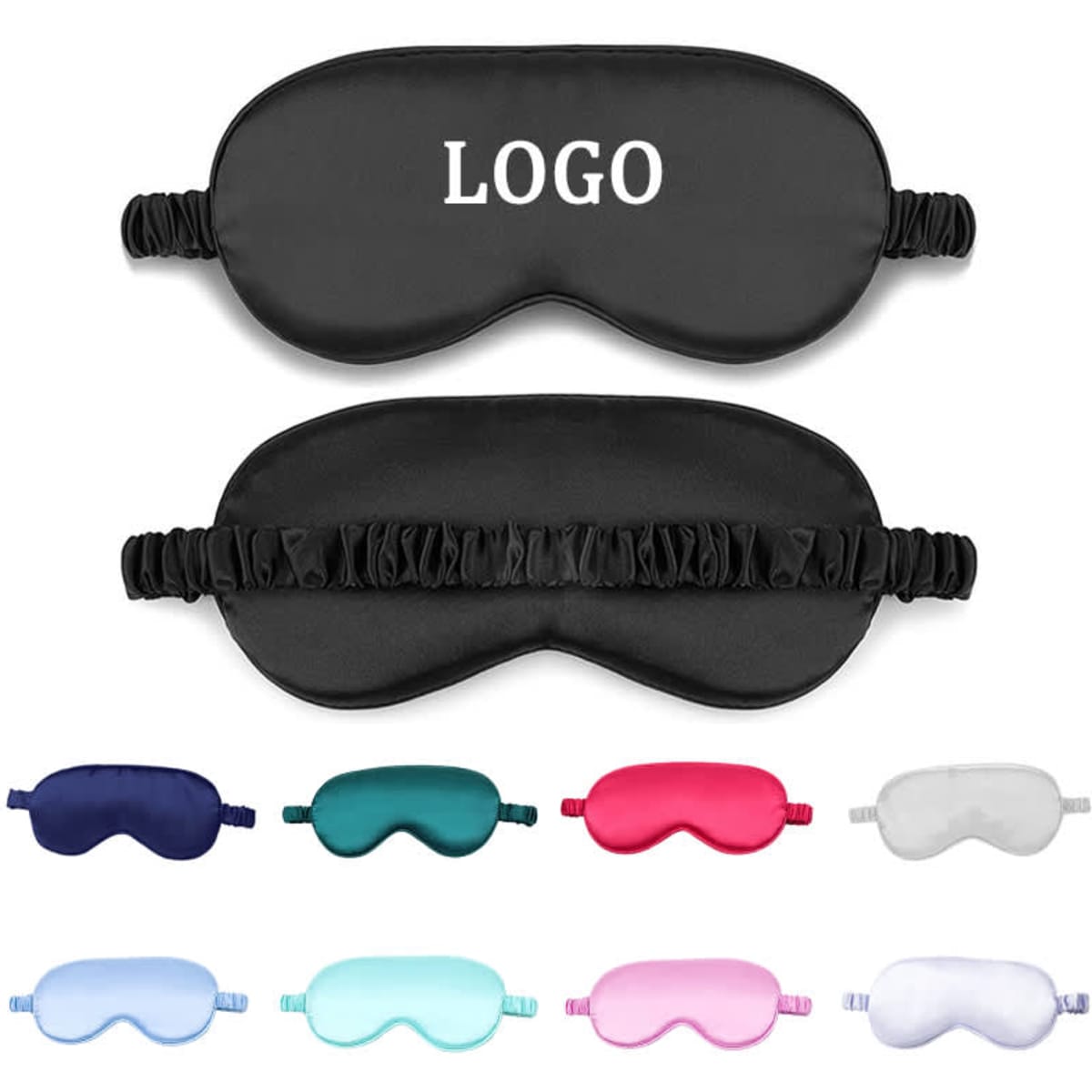 An assortment of imitated silk sleeping eye masks in black, navy, teal, pink, and white, featuring an elastic strap and a logo.