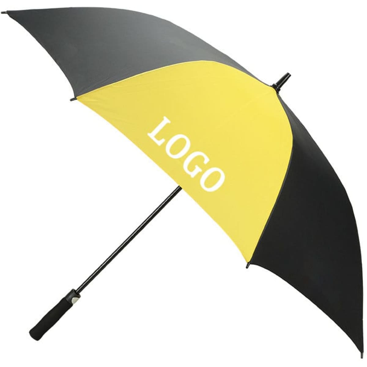 A yellow and black 60" arc auto open golf umbrella with a handle and a logo.
