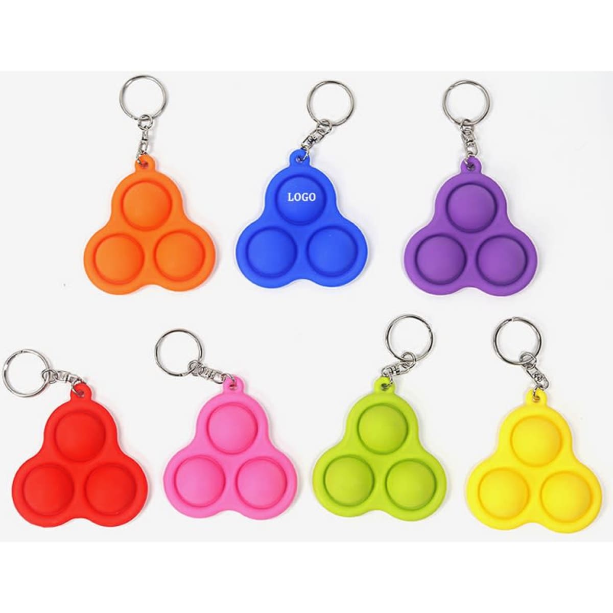Eight fidget toy keychains in various colours: orange, purple, pink, green, and more, each with a keyring and logo.