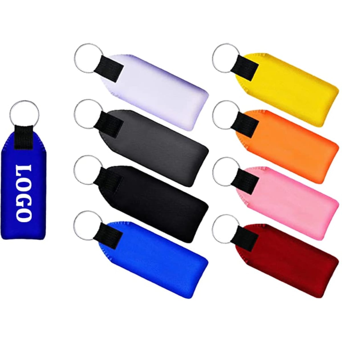 A collection of floating neoprene keychains in various colours, including blue, yellow, pink, black, and orange, featuring a logo.