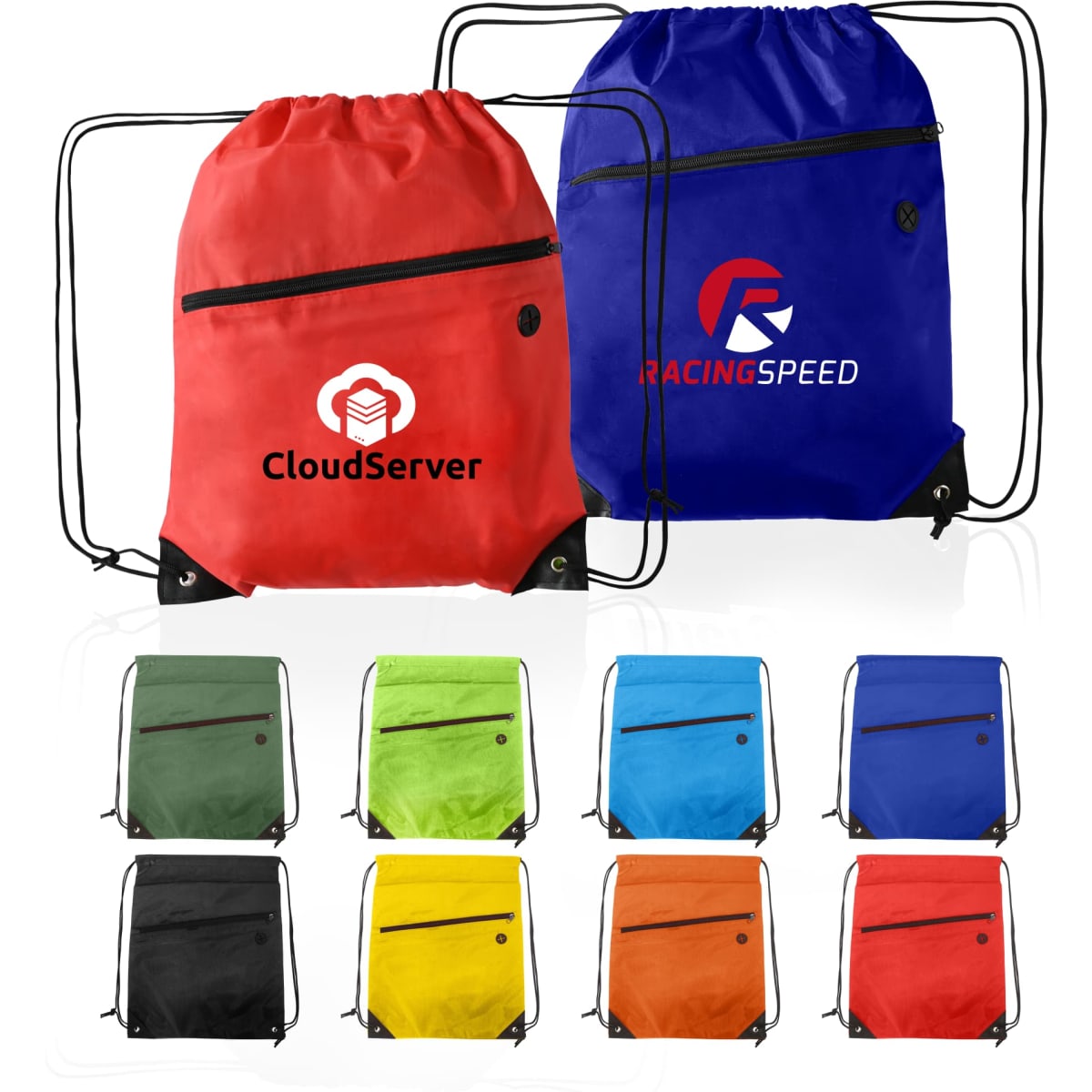 Polyester Drawstring Backpack w/ Front Zipper Pocket