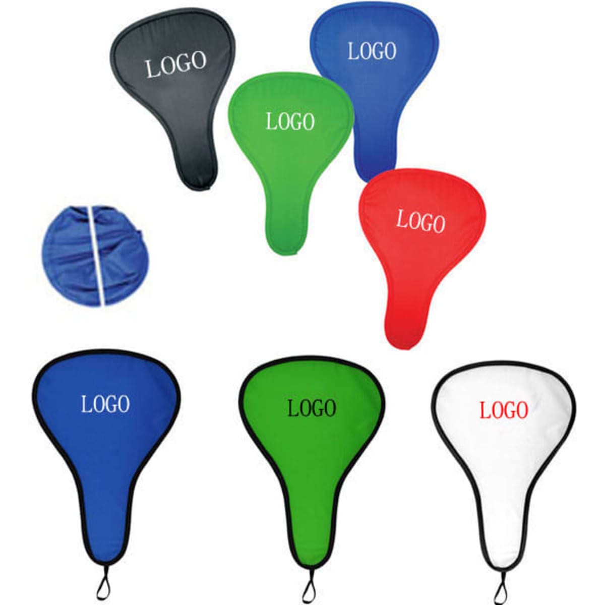 A fold-up hand fan available in blue, green, black, red, and white, featuring a logo on each fan.