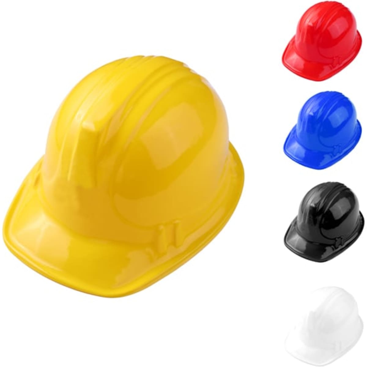 A yellow plastic construction hard hat with red, blue, black, and white variations arranged alongside it.